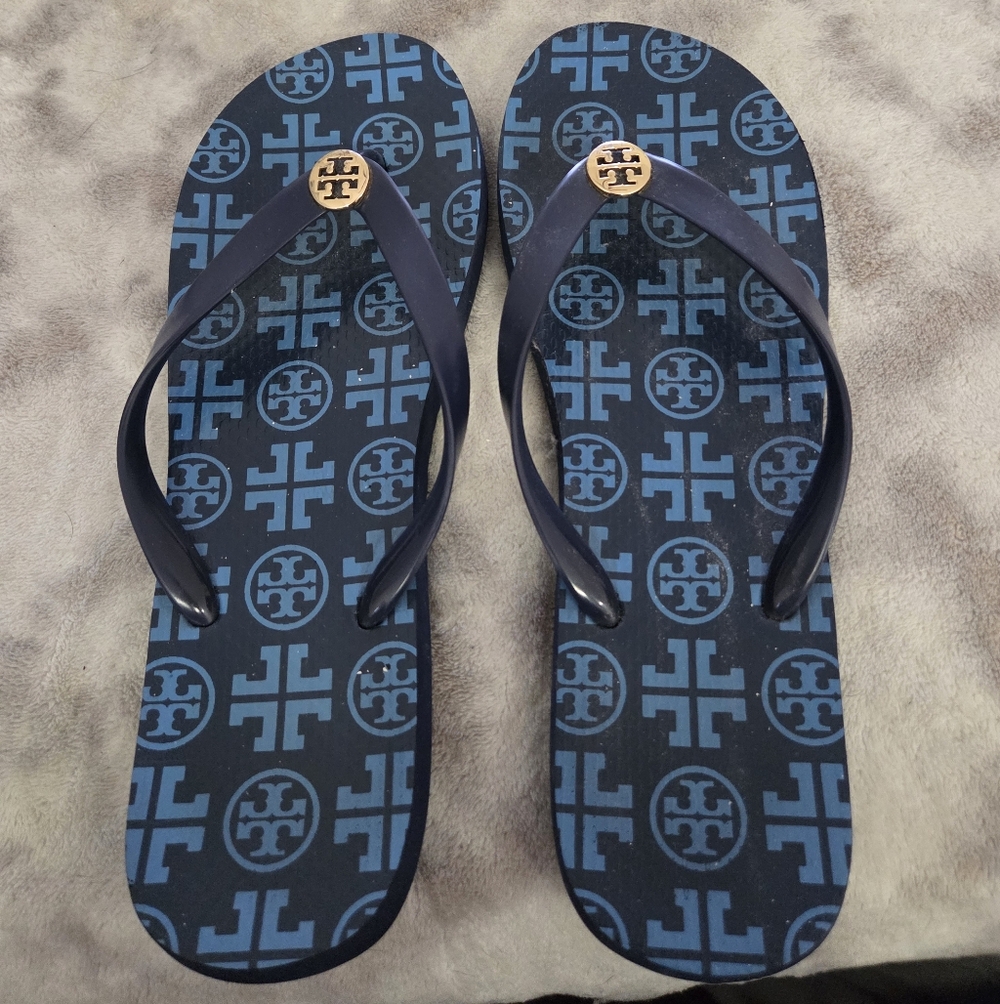 Tory Burch Navy Blue Logo Flip Flops Size 11/11.5